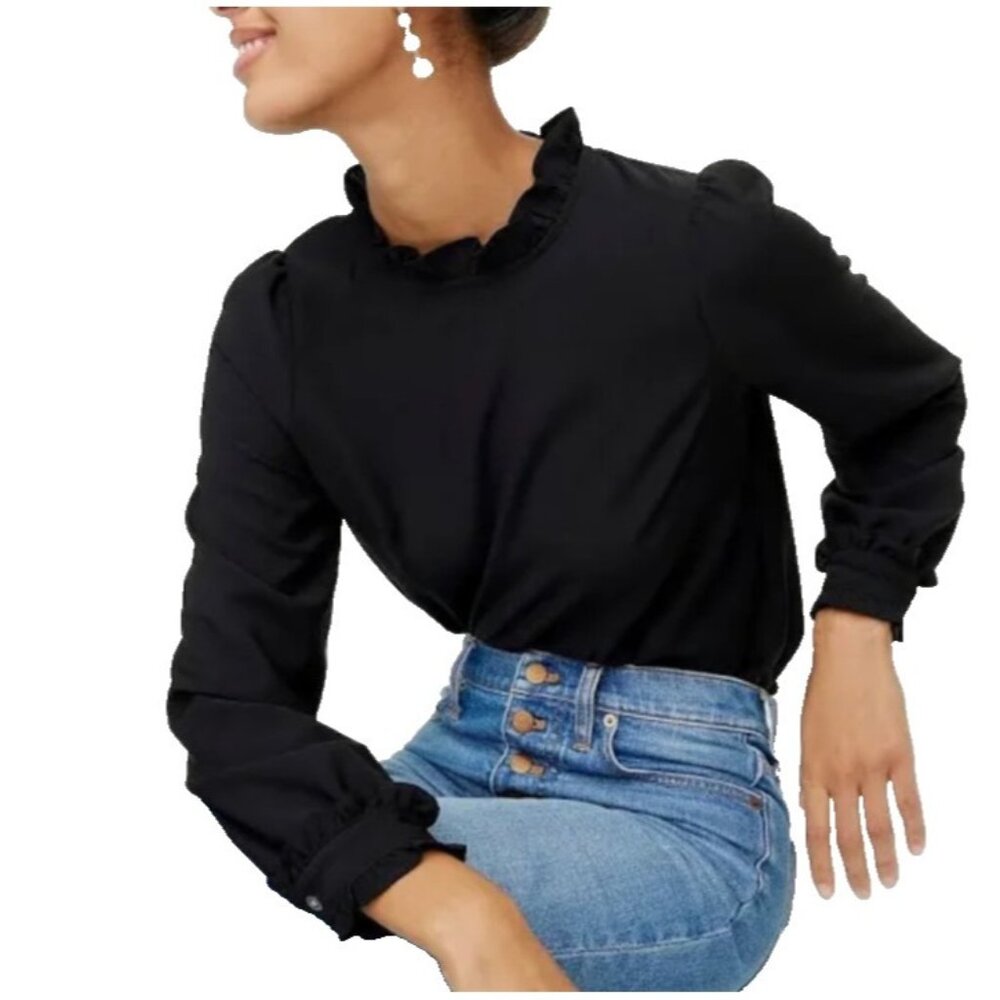J Crew Top M Medium Black Ruffle Crew Neck Washable Long Sleeve Classic